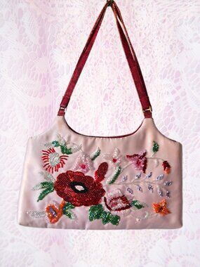 M.E.L Vintage Y2k Floral Bead Embroidery Pink Satin Romantic Evening Bag FLAWED
